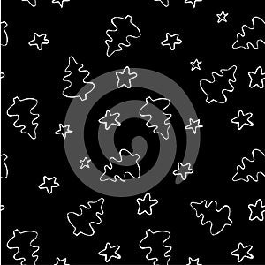 Seamless winter holiday monochrome pattern, white fir tree, stars on black stock vector illustration